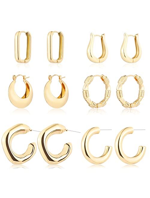 Allhola 6 Pairs 14K Gold Hoop Earrings for Women Lightweight Chunky Hoop Earrings Multipack Hypoallergenic, Thick Open Twisted Huggie Hoops Earring Set Jewelry for Gifts.