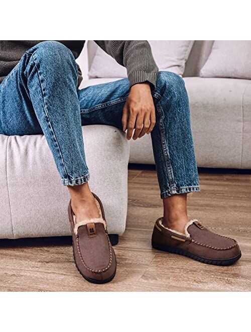 HomeTop Men's Suede Memory Foam Moccasin Slippers Soft Plush Warm Lining House Shoes