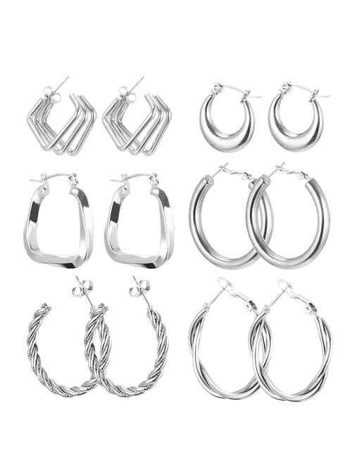 Sikegi Hoop Earrings Set for Women, 6 Pairs Stainless Steel Earrings Hypoallergenic Lightweight Hoop Earrings for Christmas Gift