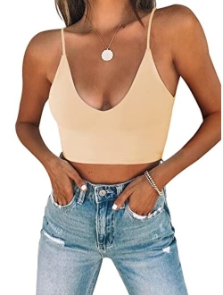 Women's Sexy Scoop Neck Adjustable Spaghetti Strap Double Lined Seamless Camisole Tank Yoga Crop Tops