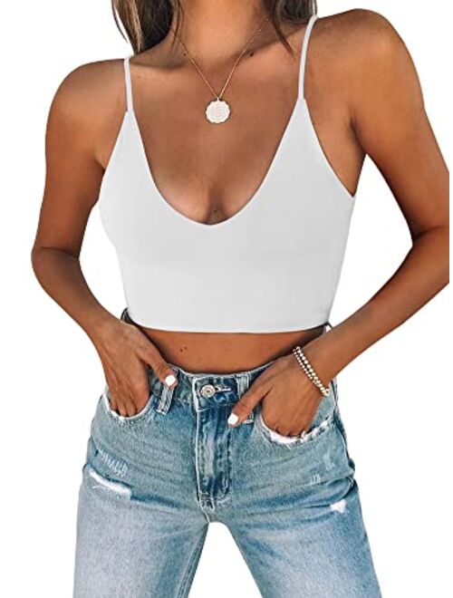 REORIA Women's Sexy Scoop Neck Adjustable Spaghetti Strap Double Lined Seamless Camisole Tank Yoga Crop Tops