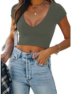 Womens Sexy Casual V Neck Short Sleeve Double Lined Tight T Shirts Crop Tops Tees