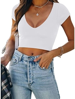 Womens Sexy Casual V Neck Short Sleeve Double Lined Tight T Shirts Crop Tops Tees