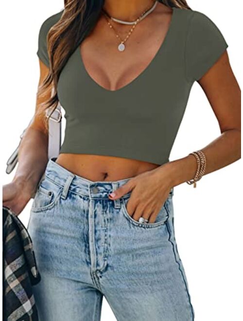 REORIA Womens Sexy Casual V Neck Short Sleeve Double Lined Tight T Shirts Crop Tops Tees