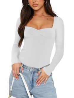 Women's Sexy Ruched Sweetheart Neck Long Sleeve Y2K Trendy Double Lined Going Out Bodysuit Tops