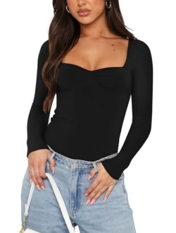 Women's Sexy Ruched Sweetheart Neck Long Sleeve Y2K Trendy Double Lined Going Out Bodysuit Tops