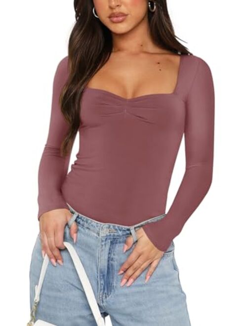 REORIA Women's Sexy Ruched Sweetheart Neck Long Sleeve Y2K Trendy Double Lined Going Out Bodysuit Tops