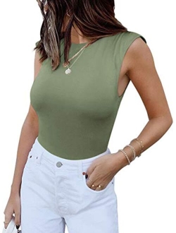 Womens Casual Sleeveless Crew Neck Pads Shoulder Bodysuit Tank Tops