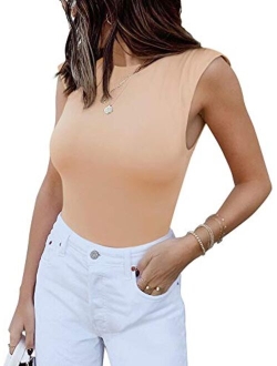 Womens Casual Sleeveless Crew Neck Pads Shoulder Bodysuit Tank Tops