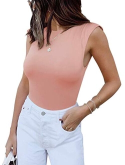 Womens Casual Sleeveless Crew Neck Pads Shoulder Bodysuit Tank Tops