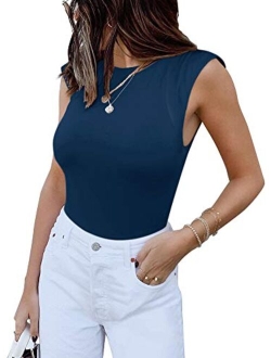 Womens Casual Sleeveless Crew Neck Pads Shoulder Bodysuit Tank Tops