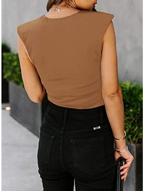 REORIA Womens Casual Sleeveless Crew Neck Pads Shoulder Bodysuit Tank Tops