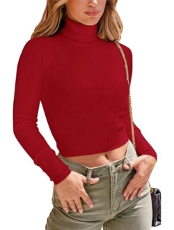 Womens Fall Fashion Mock Turtle Neck Long Sleeve Tight Ribbed Tops Cropped Sweaters Pullovers