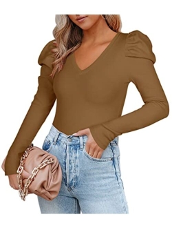 Womens Casual V Neck Puff Long Sleeve Ribbed Slimming Thong Bodysuit Tops