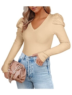 Womens Casual V Neck Puff Long Sleeve Ribbed Slimming Thong Bodysuit Tops