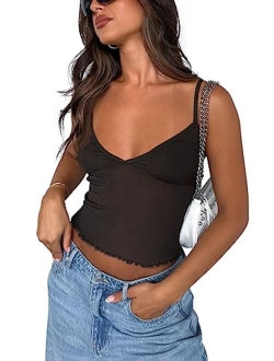 Women's Summer Sexy V Neck Sleeveless Adjustable Spaghetti Strap Sheer Mesh Y2k Camisole Tank Crop Top