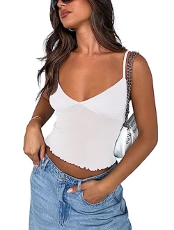 Women's Summer Sexy V Neck Sleeveless Adjustable Spaghetti Strap Sheer Mesh Y2k Camisole Tank Crop Top