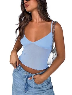 Women's Summer Sexy V Neck Sleeveless Adjustable Spaghetti Strap Sheer Mesh Y2k Camisole Tank Crop Top