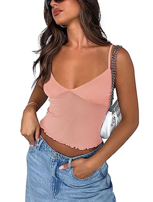 REORIA Women's Summer Sexy V Neck Sleeveless Adjustable Spaghetti Strap Sheer Mesh Y2k Camisole Tank Crop Top