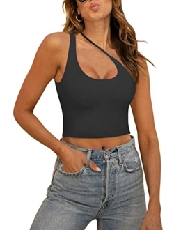 Women's Sexy One Shoulder Cut Out Backless Sleeveless Going Out Trendy Crop Tank Tops