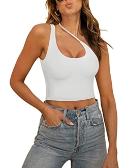 Women's Sexy One Shoulder Cut Out Backless Sleeveless Going Out Trendy Crop Tank Tops