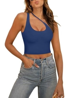 Women's Sexy One Shoulder Cut Out Backless Sleeveless Going Out Trendy Crop Tank Tops