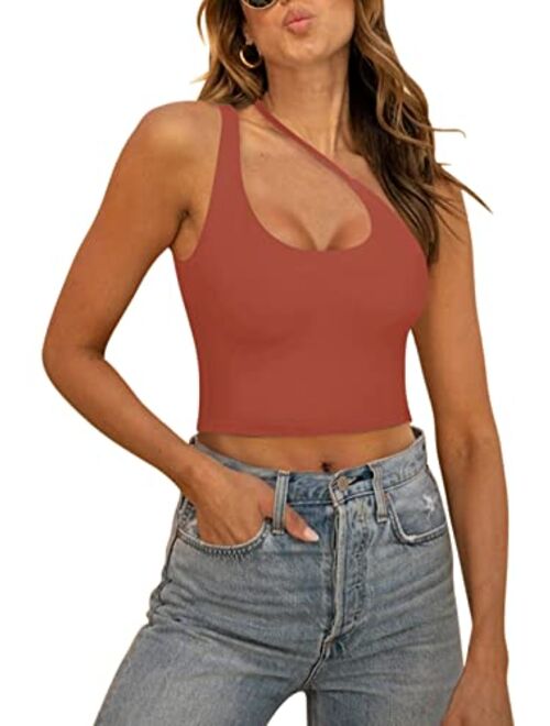 REORIA Women's Sexy One Shoulder Cut Out Backless Sleeveless Going Out Trendy Crop Tank Tops
