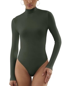 Womens Fashion Mock Turtle Neck Long Sleeve Double Lined Slimming Shirt Going Out Thong Bodysuits Tops