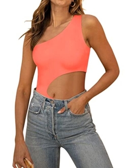 Womens Sexy One Shoulder Cutout Waist Double Lined Sleeveless Going Out Tank Top Bodysuits