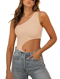 Womens Sexy One Shoulder Cutout Waist Double Lined Sleeveless Going Out Tank Top Bodysuits