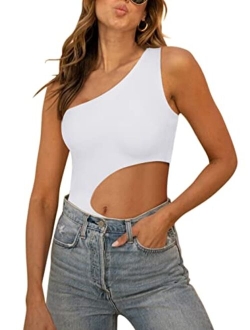 Womens Sexy One Shoulder Cutout Waist Double Lined Sleeveless Going Out Tank Top Bodysuits