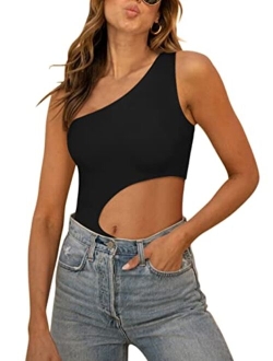 Womens Sexy One Shoulder Cutout Waist Double Lined Sleeveless Going Out Tank Top Bodysuits