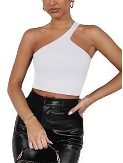 Womens Sexy One Shoulder Double Lined Seamless Backless Sleeveless Going Out Trendy Crop Tank Tops