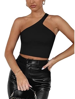 Womens Sexy One Shoulder Double Lined Seamless Backless Sleeveless Going Out Trendy Crop Tank Tops