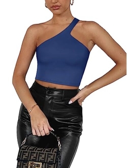 Womens Sexy One Shoulder Double Lined Seamless Backless Sleeveless Going Out Trendy Crop Tank Tops