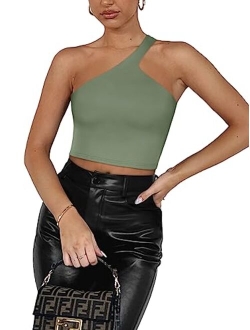 Womens Sexy One Shoulder Double Lined Seamless Backless Sleeveless Going Out Trendy Crop Tank Tops