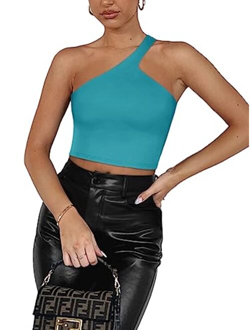 REORIA Womens Sexy One Shoulder Double Lined Seamless Backless Sleeveless Going Out Trendy Crop Tank Tops