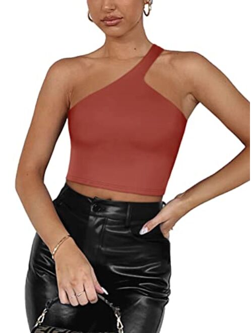 REORIA Womens Sexy One Shoulder Double Lined Seamless Backless Sleeveless Going Out Trendy Crop Tank Tops