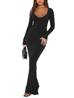 Women's Sexy V Neck Long Sleeve Maxi Dress Casual Lounge Ribbed Bodycon Long Dresses