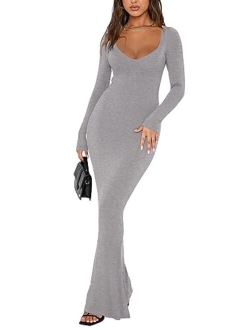 Women's Sexy V Neck Long Sleeve Maxi Dress Casual Lounge Ribbed Bodycon Long Dresses