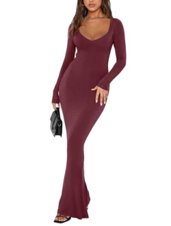 Women's Sexy V Neck Long Sleeve Maxi Dress Casual Lounge Ribbed Bodycon Long Dresses