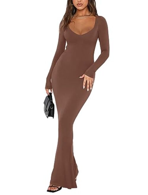 REORIA Women's Sexy V Neck Long Sleeve Maxi Dress Casual Lounge Ribbed Bodycon Long Dresses