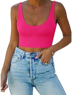 Women's Sexy Deep Scoop Neck Double Lined Seamless Sleeveless Cropped Cami Tank Yoga Crop Tops