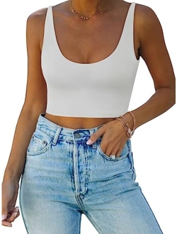 Women's Sexy Deep Scoop Neck Double Lined Seamless Sleeveless Cropped Cami Tank Yoga Crop Tops