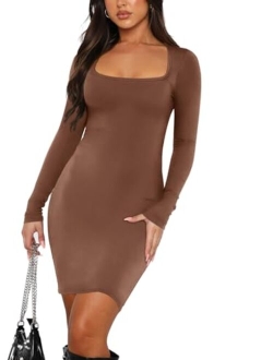 Women's Sexy Square Neck Long Sleeve Tight Ribbed Dress Fall Elegant Bodycon Mini Dresses