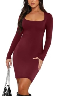 Women's Sexy Square Neck Long Sleeve Tight Ribbed Dress Fall Elegant Bodycon Mini Dresses