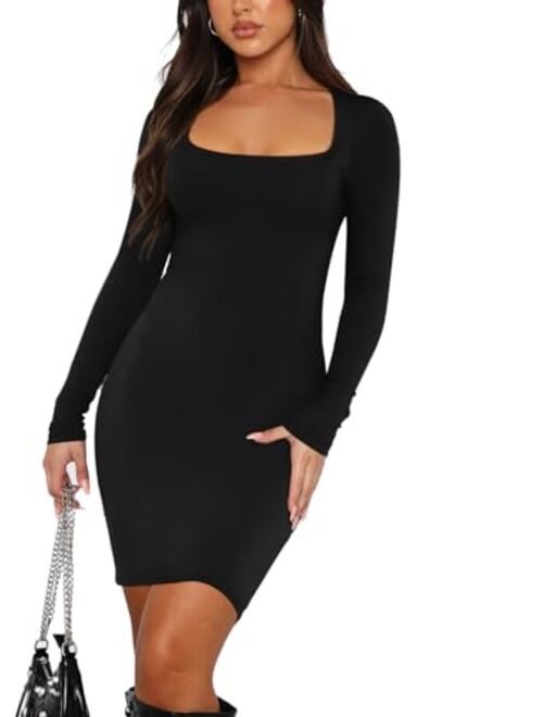 REORIA Women's Sexy Square Neck Long Sleeve Tight Ribbed Dress Fall Elegant Bodycon Mini Dresses