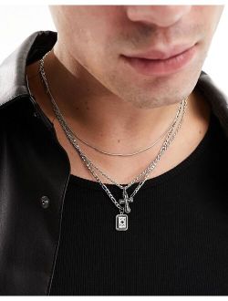 3 pack layered necklace with stone and cross pendant in silver tone