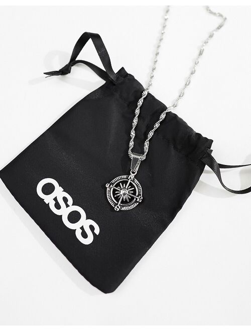 ASOS DESIGN waterproof stainless steel chain with compass pendant in silver tone