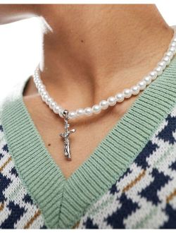 6mm faux pearl necklace with cross pendant in silver tone